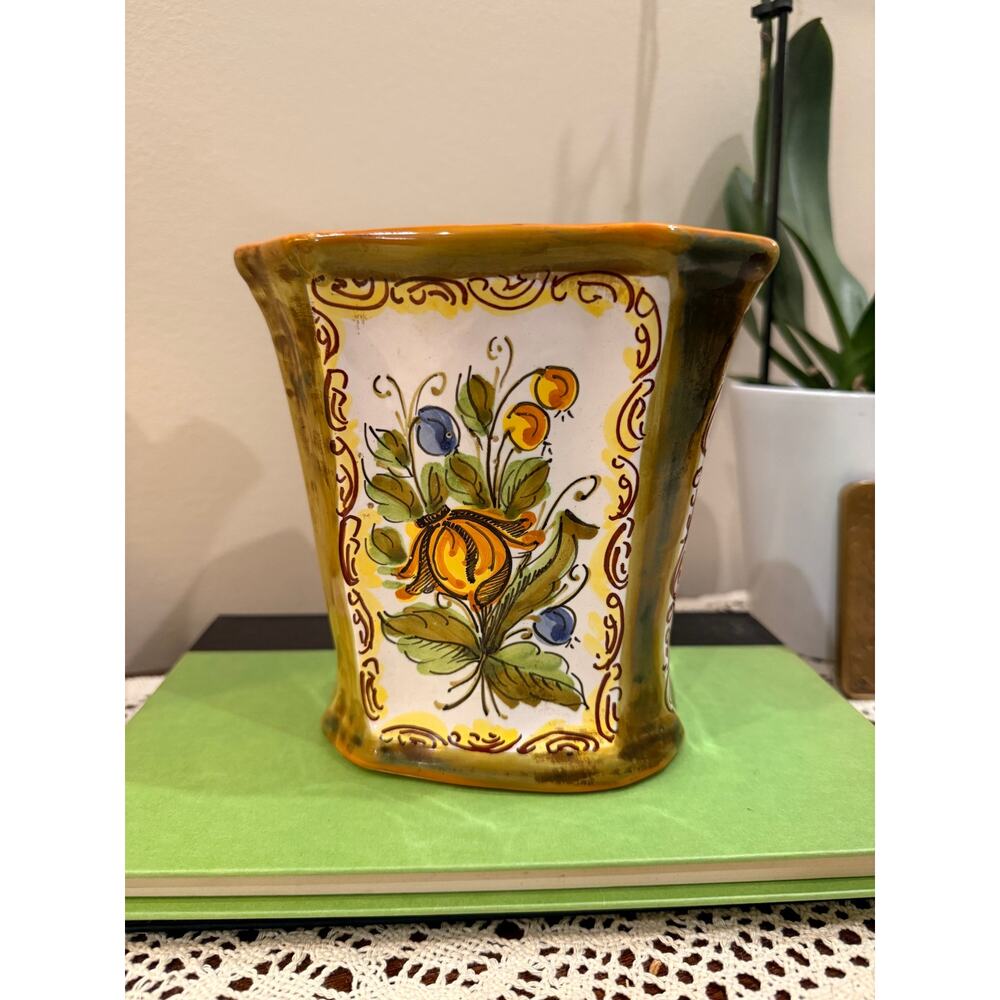 Vtg Meiselman Imports Italy Majolica Jardiniere Vase Planter Handpainted Floral